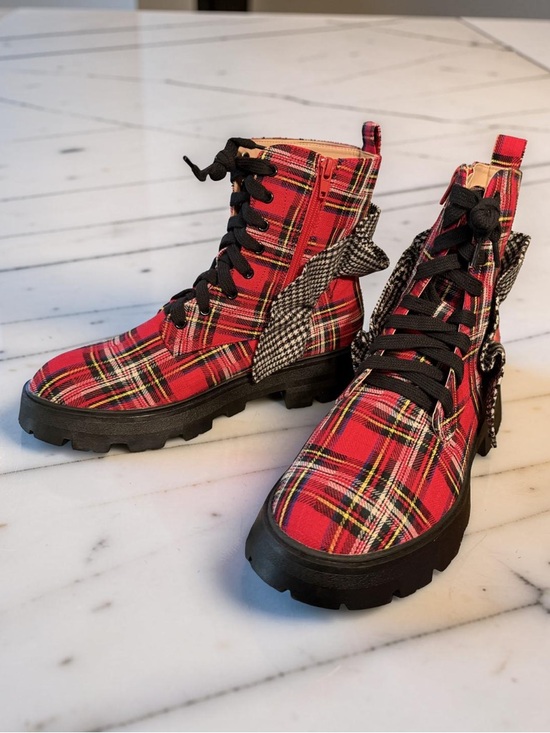 Betsey Johnson Shoes - Betsey Johnson NWT Sz 9 Rozy Red Plaid Combat Boots Houndstooth Accent (SH327)